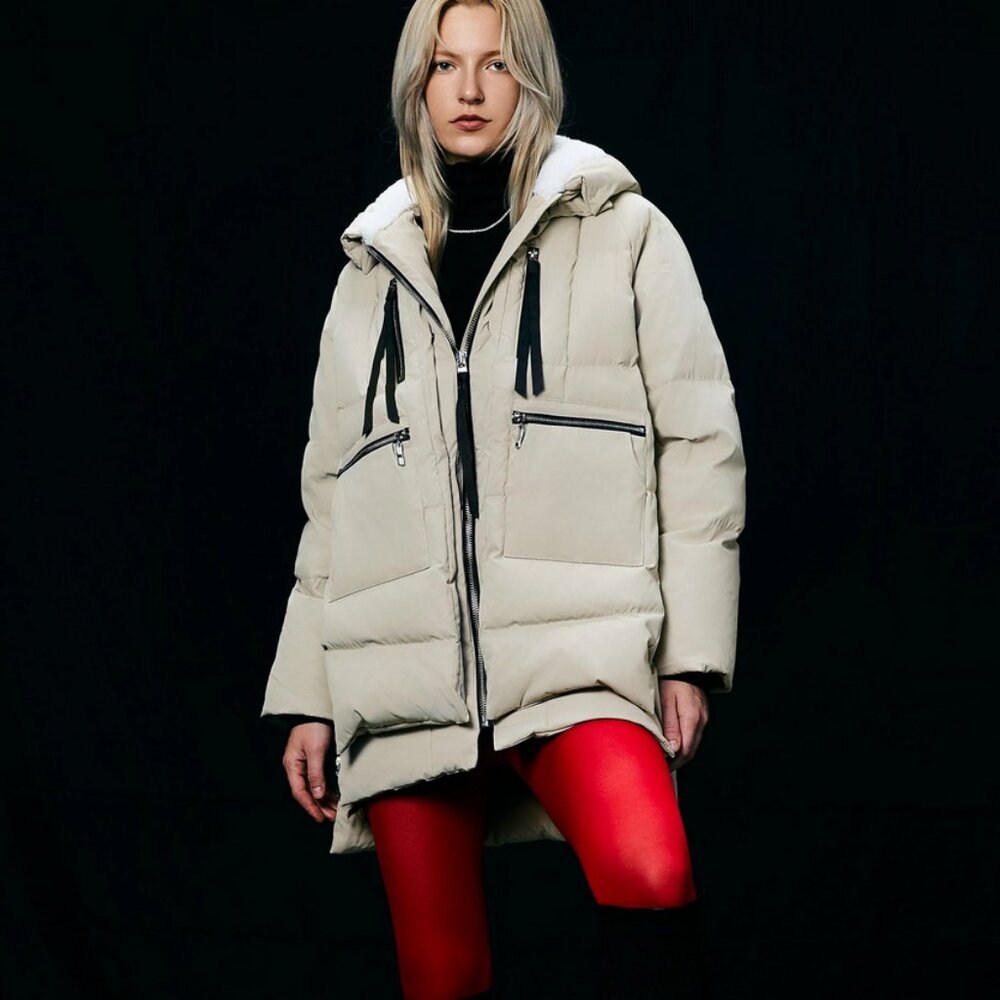 Women's Cream Hooded Puffer Coat - Insulated Winter Jacket